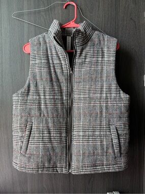 Grace + Karma Plaid Sleeveless Zip Vest with Red Accent Threads